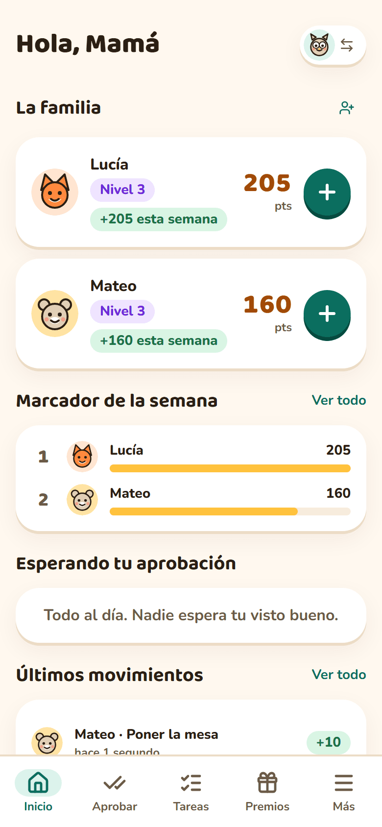 Captura de CreaTribu: pantalla de inicio de una madre