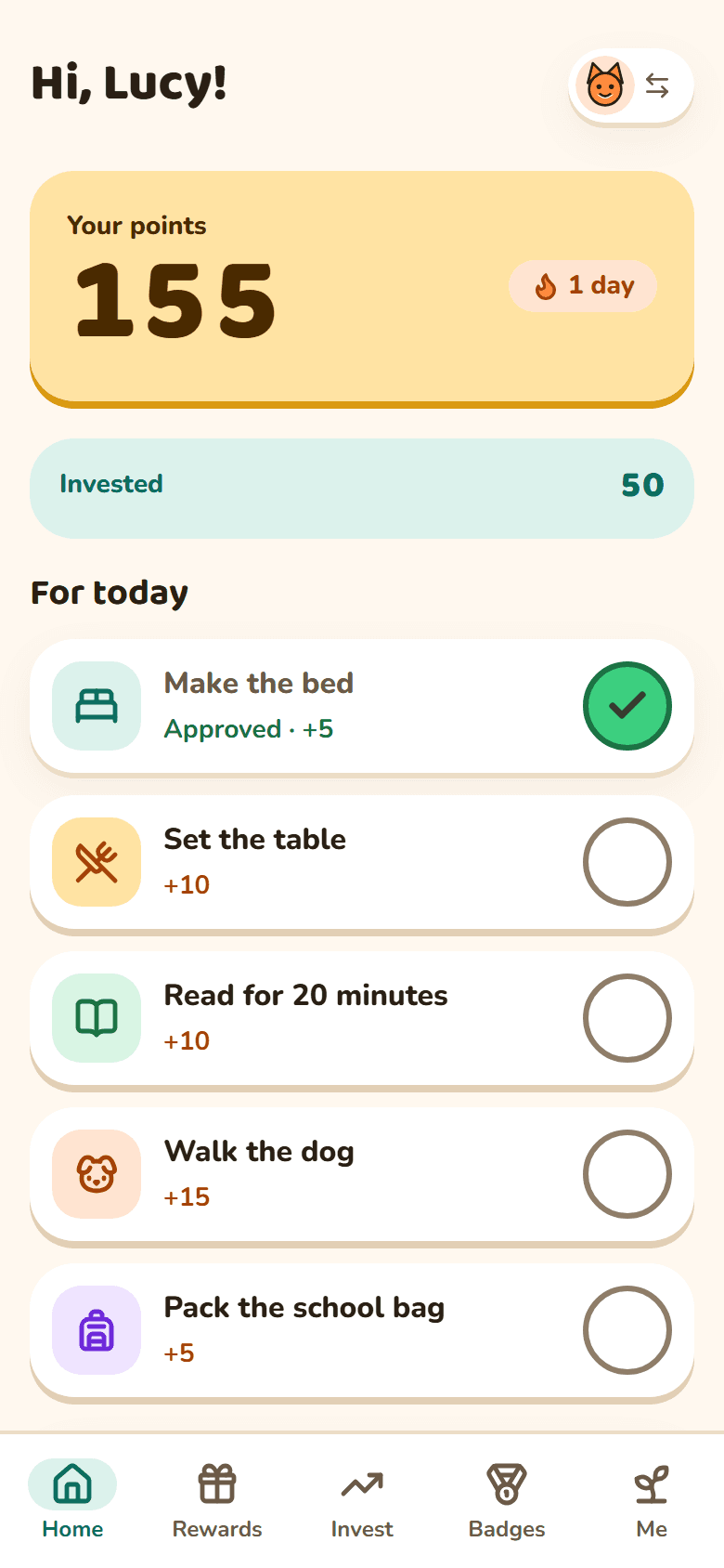 CreaTribu screenshot: a girl's home screen