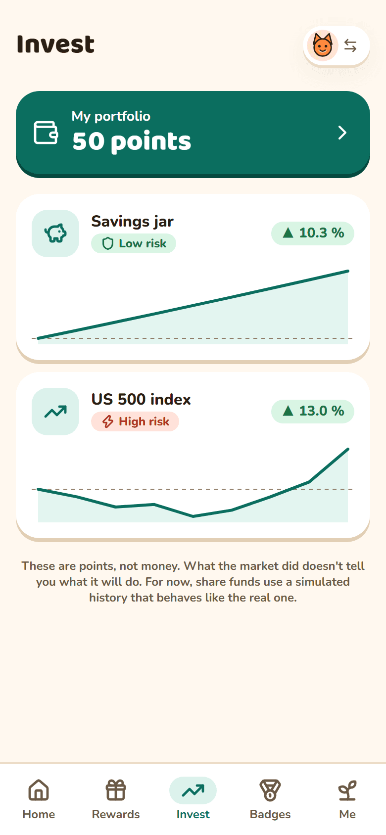 A kid's market screen: their funds, what they are worth and how they have done.