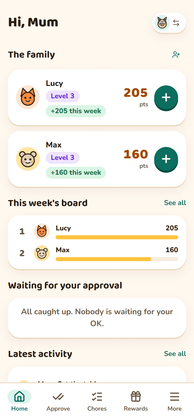 CreaTribu screenshot: a mum's home screen